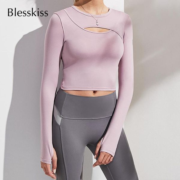 

long sleeve crop women sport shirt slim fit cut out push up padded gym workout fitness yoga sportswear outfit