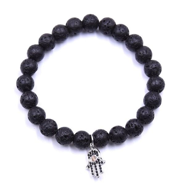 

beaded, strands real natural stone black lava beads bracelet men cubic zirconia hamsa hand pendant charm energy yoga mala bracelets for wome
