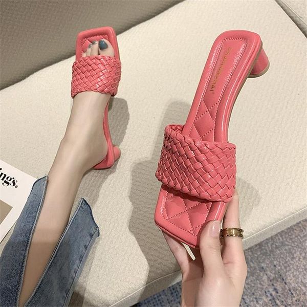 

slippers women woven roman sandals 2021 summer fashion mid-heel square toe open-toe elegant high-heel half ladies, Black