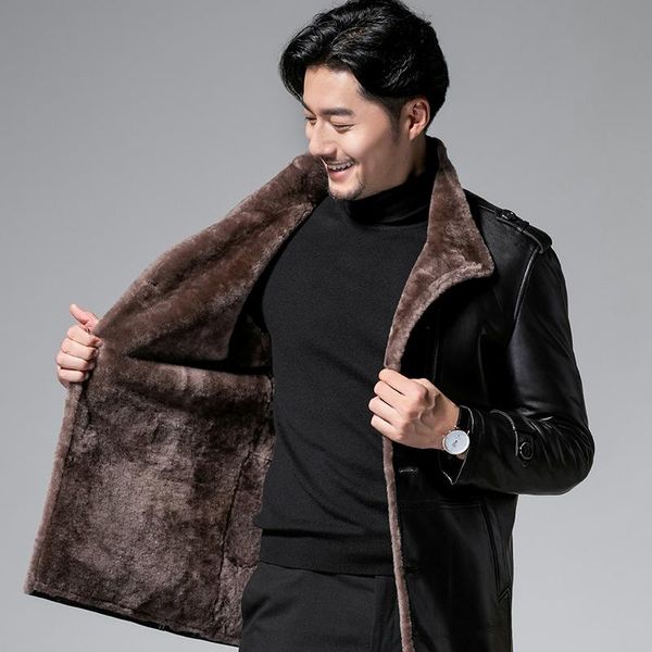 

men's leather & faux genuine sheep shearing winter men real fur coat natural wool jacket for mens clothing casaco yy264, Black