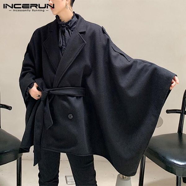 

men's trench coats incerun autumn loose poncho masculina streetwear men leisure lapel neck cape cloak man irregular lace up windbreaker, Tan;black