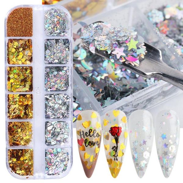 

grids/box nail flakes easy to stick abnormality abs gold silver manicure shiny for female nails glitter aluminum flake art decorations, Silver;gold