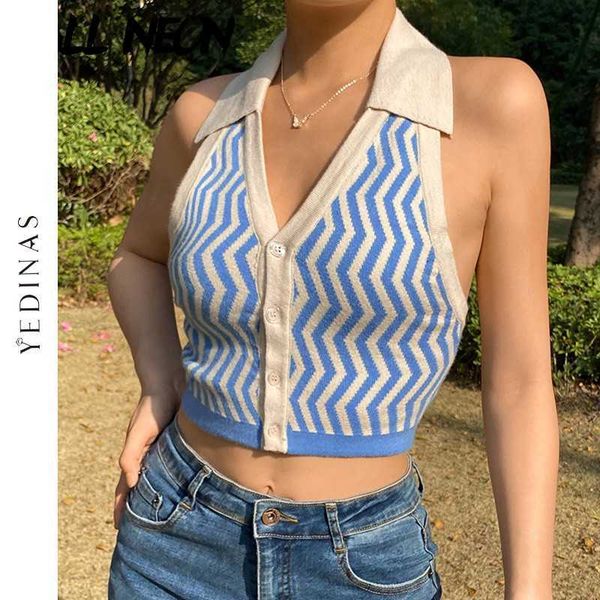 

yedinas vintage striped knitted halter cropped e-girl aesthetics sleeveless single-breasted vests y2k fashion blue 210527, White