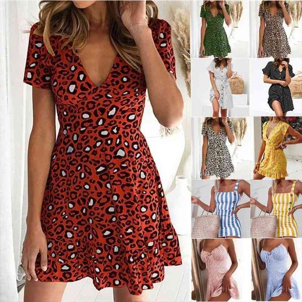 

women leopard print dress summer ruffles short sleeve v neck boho party mini sweet beach short sleeve dress, Black;gray