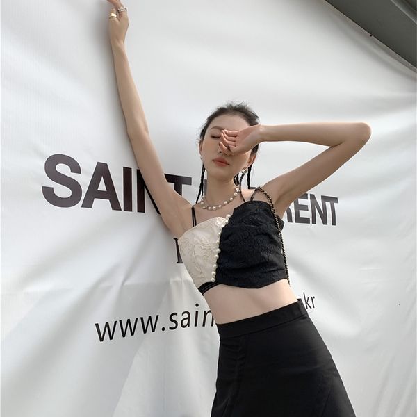 

women's tanks & camis summer 2021 asymmetrical crop women pearl patchwork cami jacquard strappy fashion spaghetti strap ro6m, White