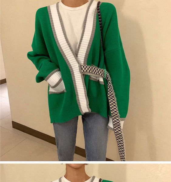 

women outerwear autumn sweater single buttons patchwork v-neck green white loose long sleeve knitted coat korean, Black;brown