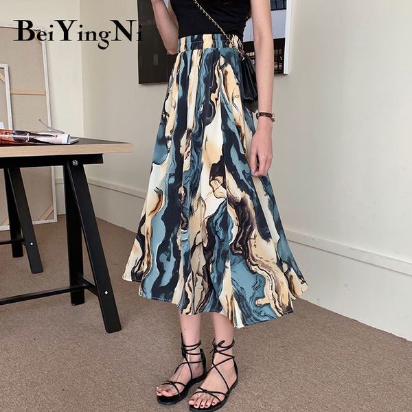 

fashion midi skirts women printed vintage korean casual a line skirt chiffon beach boho saias high waist faldas female 210427, Black