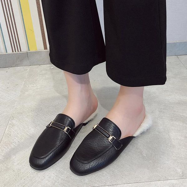 

slippers fashion ladies slip on mules square toe low heels pu leather women warm shoes with fur for sweet girl office woman, Black