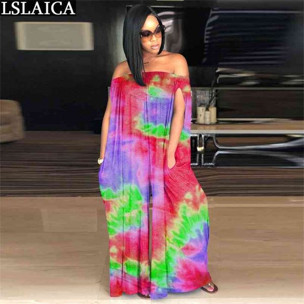 

playsuit women sleeveless tie dye loose outfits for slash neck plus size 2xl party club jumpsuit summer 210515, Black;white