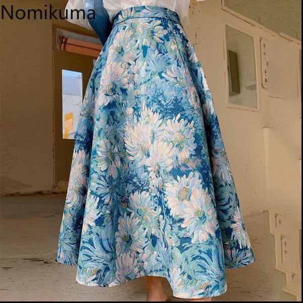 

spring korean flowers printing womens skirt high waist a line elegant mujer faldas mid calf 6g471, Black