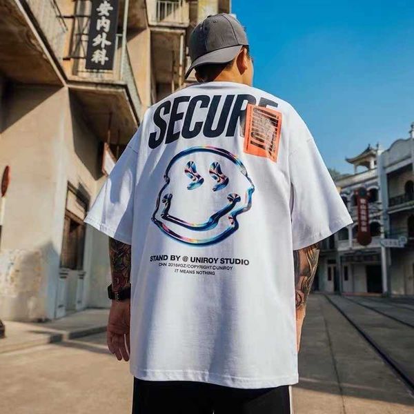 

New smiley face print short t-shirt men' fashion street hip hop lovers T-shirt summer loose half sleeve, White