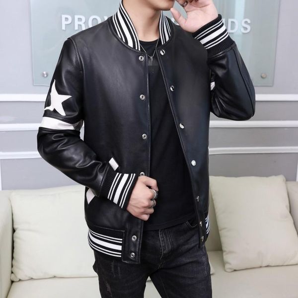 

street casual high leather jacket men stand collar 100% sheepskin bomber jackets male quality mens genuine men's & faux, Black