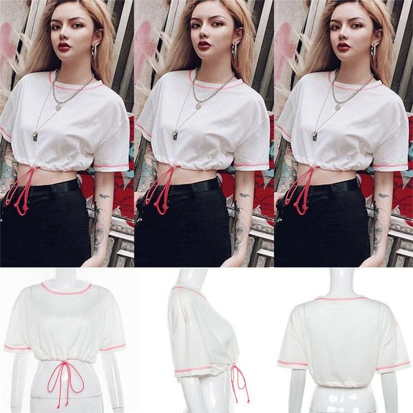 

women's t-shirt 2021 fashion womens mesh sheer see-through short sleeve crop summer casual tee, White