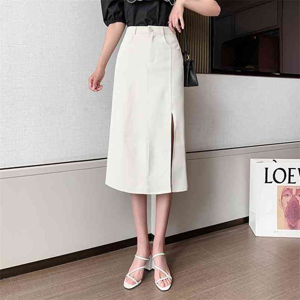 

spring summer hong kong style split fork skirt women's mid-length high waist slimming woman skirts 210507, Black