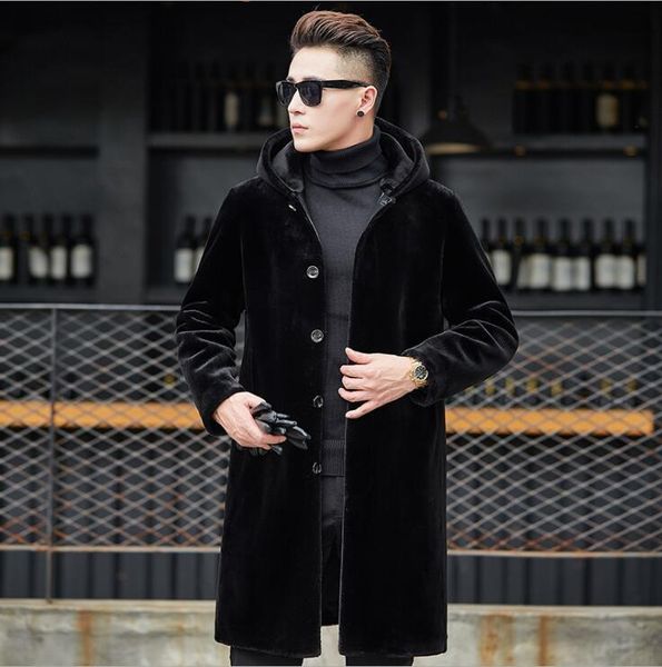 

men's fur & faux mink leather jacket mens warm single-breasted coat men loose jackets winter autumn thicken hooded black