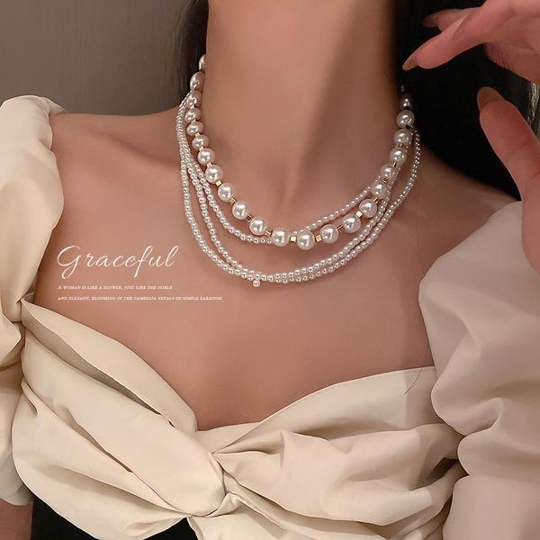 

chokers south korea's fashion multilayer pearl necklace clavicle chain exaggerated personality item jewelry women, Golden;silver