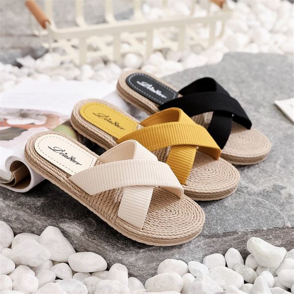 

womens shoes summer new style imitation straw travel sandals outside wear espadrille flip flops beach fashion flat slippers1, Black