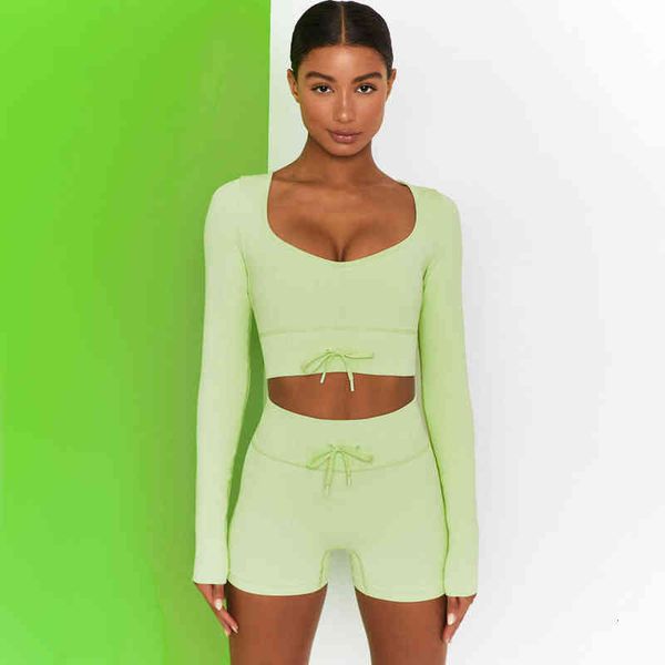 

Women's T-shirt Seamls knitted low cht sexy long sleeve sports fitns suit outdoor exercise waist strap Yoga suit, White