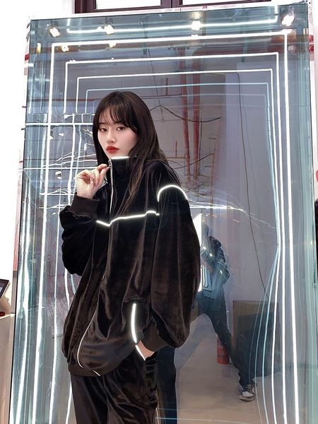 

brand hoodie chao brand velvet sports suit 2021 autumn winter new loose cardigan coat hanging feeling high waist wide leg pants two-piece se, Black