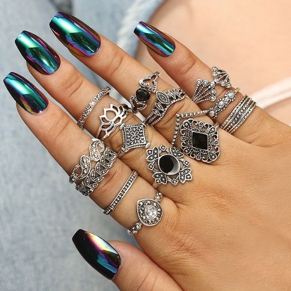 

cwe bohemian geometric ears lotus sunflower combination set 15 band s piecesbohemian geometric ringnew earrings lotus sunflower combin, Silver