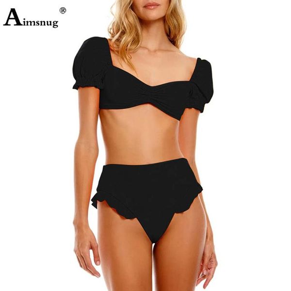 

one-piece suits high waist women swimsuit european style 2021 summer crop bandage bathing fashion ruffles lace two pieces outfits