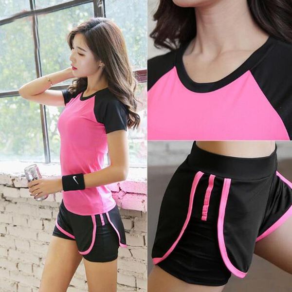 

yoga outfits women 2 pcs/set sets t shirt+ shorts quick dry running sports suit workout clothes for gym fitness clothing, White;red