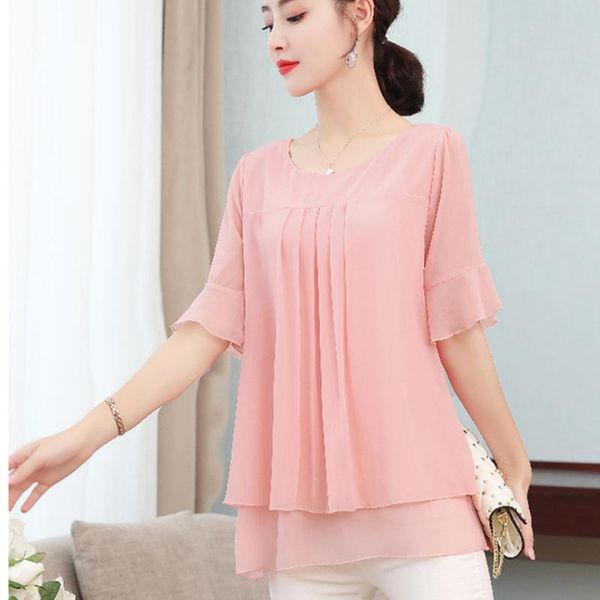 

women's blouses & shirts korean fashion cottagecore elegant cute plus size pink black chiffon ruffle short sleeve casual women 2021, White