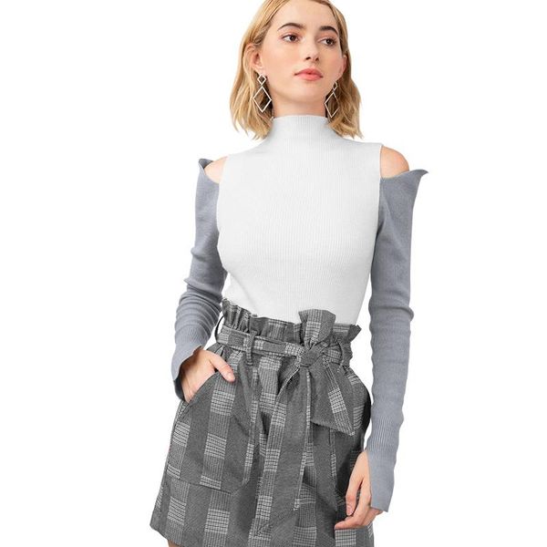 

women's sweaters women winter knitted sweater cold shoulder high neck pull femme hiver long sleeve splice knitwear pullover 2021, White;black