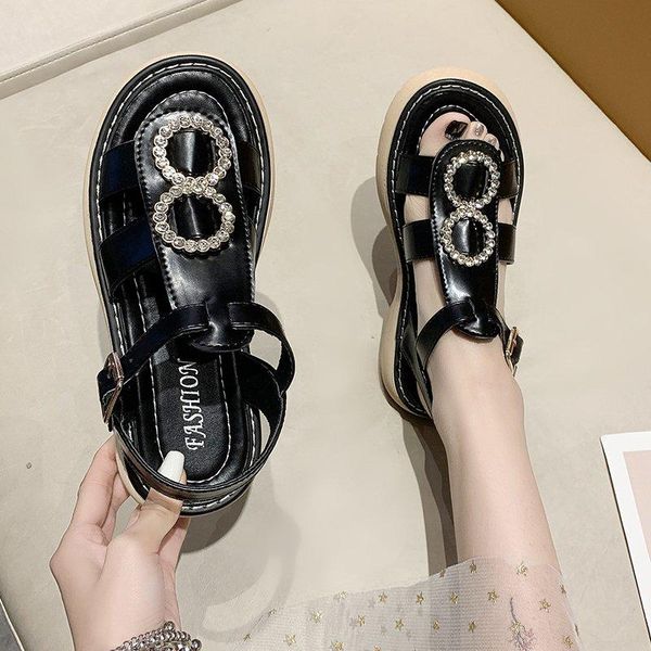 

net red roman sandals women's summer 2021 style wedge heel thick bottom word with rhinestone casual women, Black