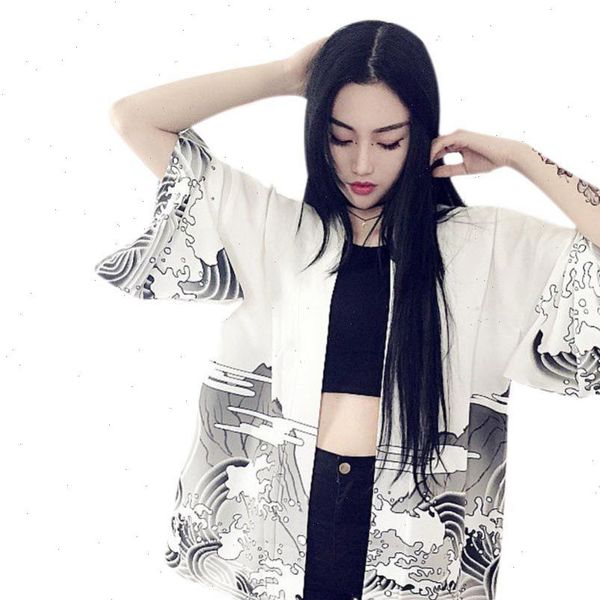 

harajuku kimono cardigan vintage women shirt casual summer dragon waves printed chiffon sun protection clothing outerwear blouse, White