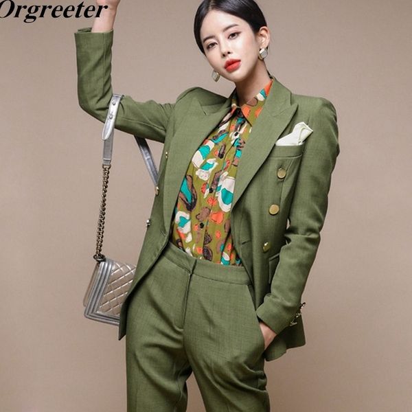 

est double breasted blazer and trouser two piece set autumn winter formal green coat pants women's suit ol work wear 210525, White