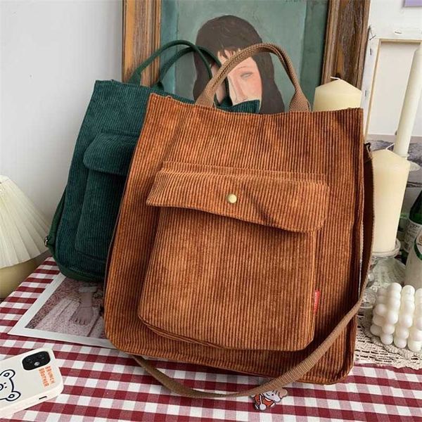 

corduroy shoulder bag women vintage shopping bags zipper girls student bookbag handbags casual tote with outside pocket 211025