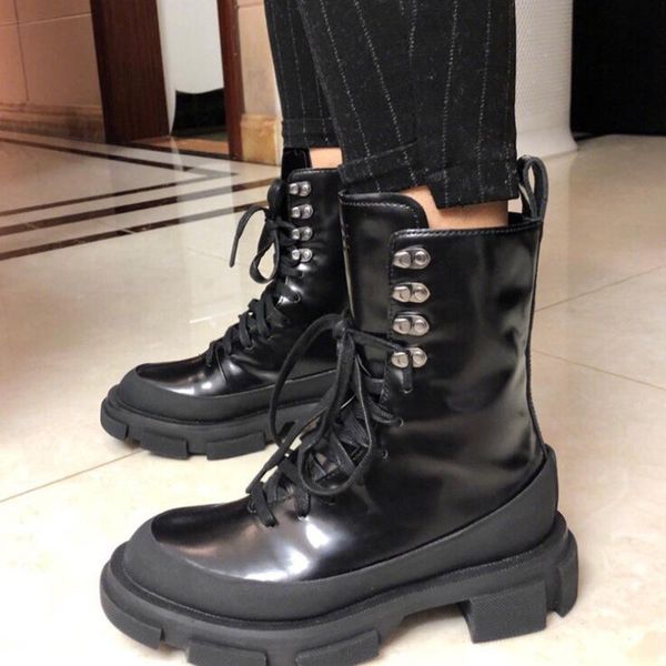 

boots patent leather women's motorcycle 2021 brand women platform ankle boot fashion rivets ladies shoes winter, Black