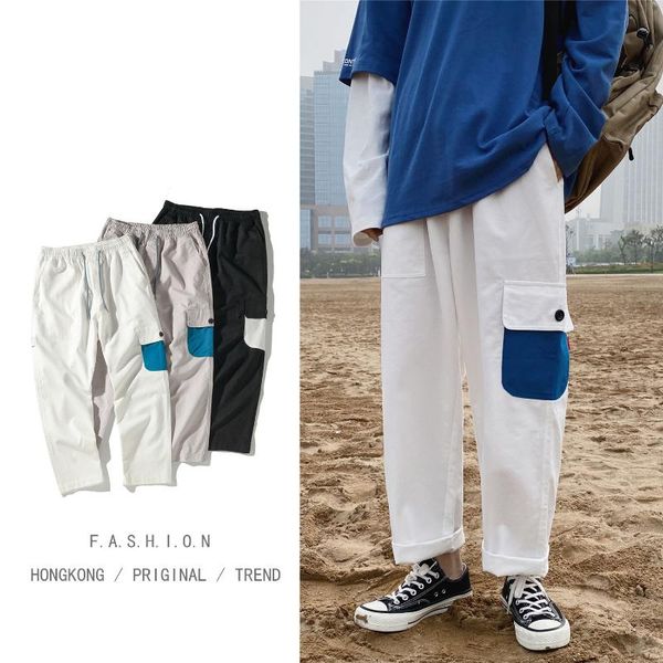 

summer autumn overalls pocket hip hop loose male high street simple trend straight casual pants large size trendy cool men's, Black