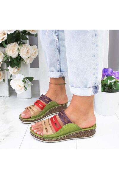 

slippers women's green genuine leather laser cutting, Black