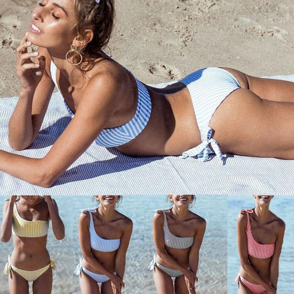 

2pcs women summer swimwear swimsuit bikini set push-up padded stripe beachwear bathing suit one-shoulder women's, White;black