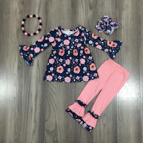 

spring girls long sleeve floral shirt coral pant with bow and necklace, White