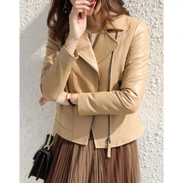 

women's leather & faux shzq sheep jacket short suit collar long sleeve motorcycle 2021 spring and autumn wea, Black