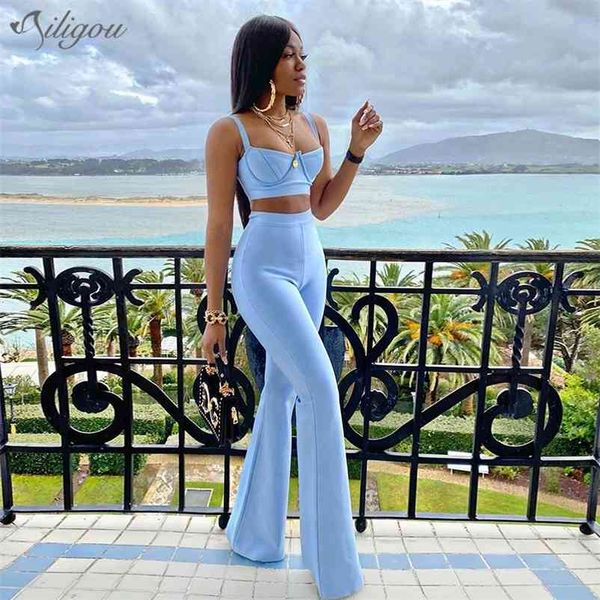 

ailigou bandage set 2 pieces strap sleeveless bustiers and long bell-bottoms trousers celebrity party sheath vestidos 210727, White