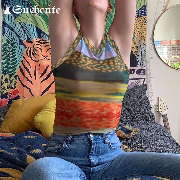 

women's tanks & camis vintage fashion printed tank for women y2k aesthetic patchwork crop streetwear sleeveless mesh wh4, White