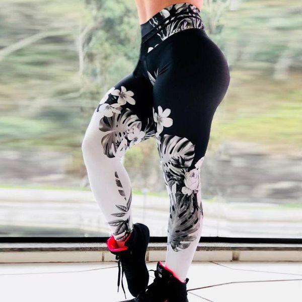 

women's leggings women workout ladies high waist floral printed fitness casual pants trousers push up, Black