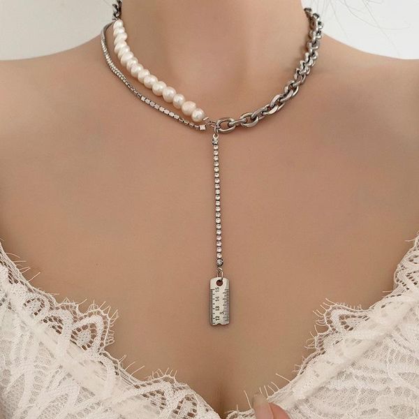 

chokers 2021 metal thick chain beaded stitching girl creative geometric pendant short necklace for women fashion jewelry accessories, Golden;silver