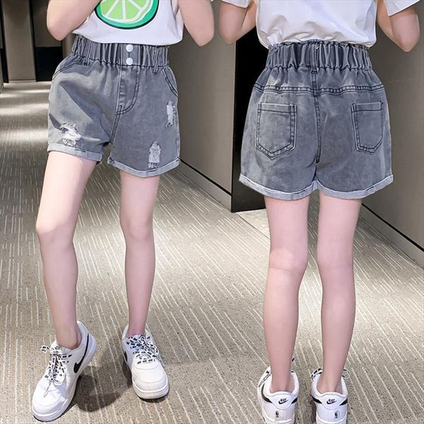 

childrens grey denim shorts with button girls summer cotton jeans for kids girl ripped short teens fashion clothing, Black