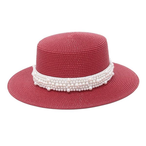 

stingy brim hats 9 colors jazz hat flat with pearl chain cap for women summer paper round wedding party, Blue;gray