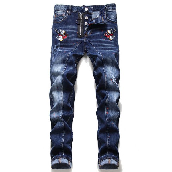 

fashion jeans youth summer embroidered men's washing micro elastic hole casual straight, Blue