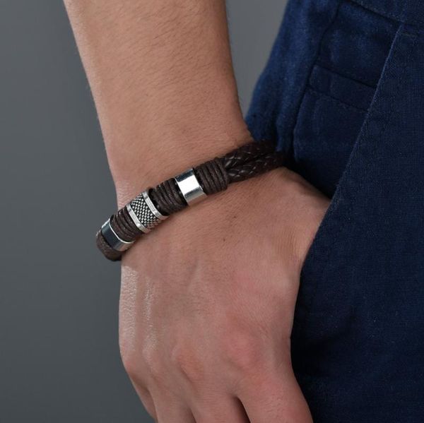 

charm bracelets gentleman leather titanium steel braided clasp bangle bracelet for men and women retro bangles jewelry, Golden;silver
