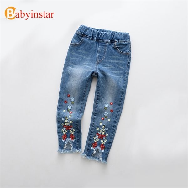 

babyinstar jeans for girl fashion kids jeans with cute floral embroidery baby girls clothes denim trousers children's clothing 210317, Blue