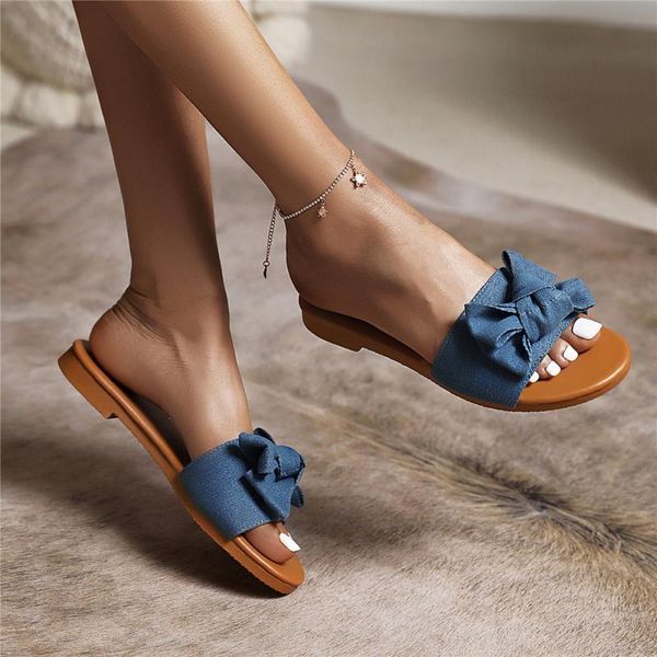 

slippers summer women flat shoes elegant butterfly-knot lady sandals 2021 fashion denim fabric beach flip flops ladies slides, Black