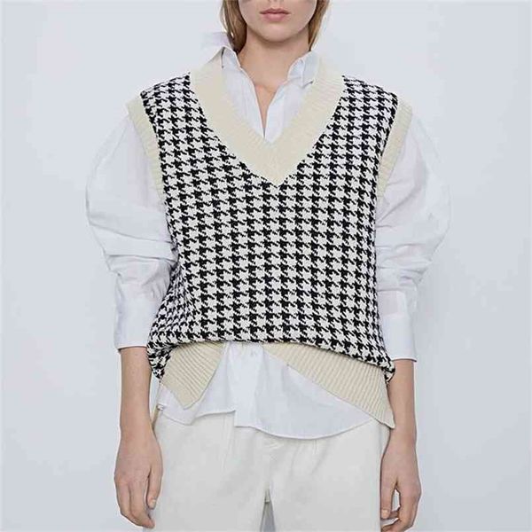 

women fashion oversized knitted vest sweater v neck sleeveless houndstooth loose female waistcoat chic 210914, White;black