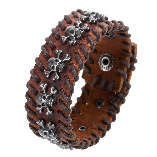 

charm bracelets vintage men women genuine leather punk gothic bracelet wide cuff skull bangle braided cowhide wrap rock jewelry, Golden;silver